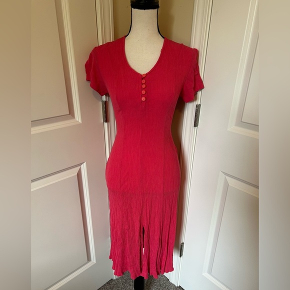 Vintage pink/Red Button-Front lace back cinch waist V-neck short sleeve dress - Picture 2 of 7
